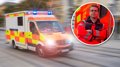 Unterschied Rettungssanitäter und Notfallsanitäter - wer macht was? Foto zum Thema "Unterschied Rettungs- und Notfallsanitäter": Zu sehen ist ein Rettungswagen im Einsatz, daneben ein Porträt von Tim Yannik Gaumann, der als Notfallsanitäter arbeitet.