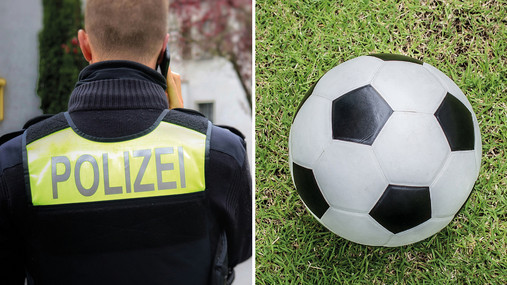 JUNGE POLIZEI über EM Fotomontage zum Thema "Polizei EM": Zu sehen ist ein Polizeibeamter, der den Rücken zugewandt hat und telefoniert. Rechts daneben ein Fußball, der auf dem Rasen liegt.