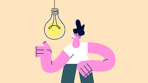Foto zum Thema "FAQ für Tarifbeschäftigte im öffentlichen Dienst": Zu sehen ist eine Figur, über ihr eine Glühbirne, die eine Idee symbolisiert.