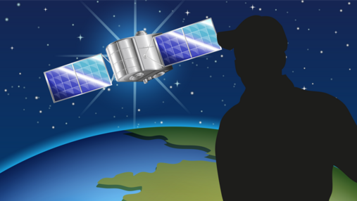 Foto zum Thema "Wie kommt man zum BND": Vorne links ist ein Satellit zu sehen, rechts der Schatten eines Mannes mit Käppi. Im Hintergrund sieht man die Erde und einen Sternenhimmel.