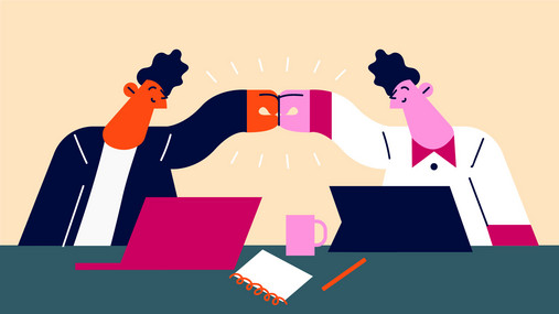 Grafik zum Thema "was bedeutet Tarifautonomie": Zu sehen sind zwei Figuren, die am Tisch mit Laptops sitzen und die Fäuste gegeneinander stoßen. Der Stil ist abstrakt.