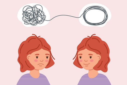 Kinder- und Jugendtelefon - Gedanken entwirren Grafik zum Thema "Kinder- und Jugendtelefon": Zu sehen ist ein Mädchen, bei dem erst gedankliches Chaos herrscht. Im zweiten Teil der Grafik sind die Gedanken sortiert und sie schaut zufriedener drein.