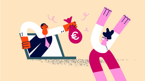 Grafik zum Thema "was ist ein Sockelbetrag": Zu sehen sind zwei Figuren. Die eine trägt einen Geldbeutel in der Hand, die andere jubelt. Der Stil ist abstrakt.