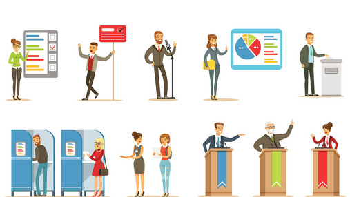 Wahlprüfsteine der dbb jugend zur Europawahl 2024 Foto zum Thema "Wahlprüfsteine Europawahl 2024": Zu sehen ist eine Grafik, auf der viele kleine Figuren zu sehen sind. Einige sind Politiker*innen und stehen hinter Rednerpulten, andere geben ihre Stimme in Wahlkabinen ab.