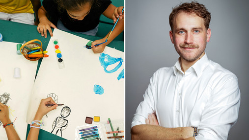 Foto zum Thema "Wie wird man Sozialarbeiter*in": Rechts ist ein Porträt von Niklas zu sehen, links zeigt die Fotomontage Kinder am Tisch, die malen und basteln.