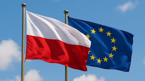 So war die polnische Ratspräsidentschaft Foto zum Thema "Polnische Ratspräsidentschaft": Zu sehen ist eine polnische und europäische Flagge. Beide flattern im Wind,