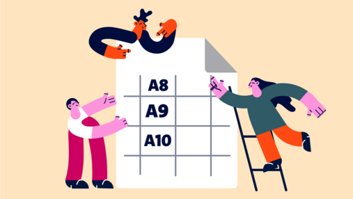 Foto zum Thema "Besoldungstabellen im öffentlichen Dienst": Zu sehen ist eine Grafik, die eine Besoldungstabelle darstellt. Drumherum befinden sich drei Figuren.