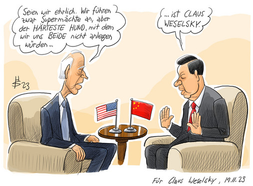 Foto zum Thema "Claus Weselsky im Interview": Zu sehen ist seine Lieblingskarikatur. Sie zeigt Biden und Xi. Biden sagt: „Seien wir ehrlich. Wir führen zwar Supermächte an, aber der härteste Hund, mit dem wir uns beide nicht anlegen würden …“ – Xi vollendet: „… ist Claus Weselsky.“