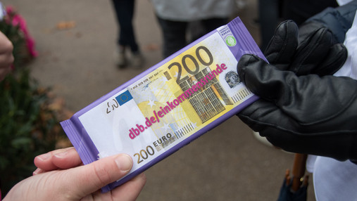 Das Foto zeigt eine Tafel Schokolade, die mit einem 200-Euro-Schein beklebt ist. Dies symbolisiert die geforderte Gehaltserhöhung für Auszubildende.