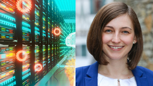 Digitalisierung in der Verwaltung - AG Moderner Staat unterstreicht die Dringlichkeit Foto zur Digitalisierung der Verwaltung: Links ist ein Rechenzentrum zu sehen, rechts ein Porträt von Janna Melzer von der AG Moderner Staat der dbb jugend.