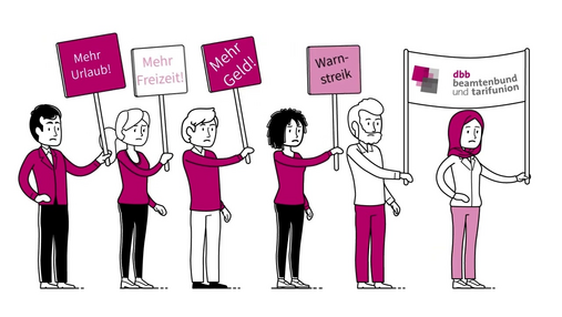 TVöD-Tarifverhandlungen 2025 - wie ist der Ablauf? Video zum Thema "TVöD-Tarifverhandlungen 2025": Zu sehen ist eine Gruppe von animierten Figuren, die Beschäftigte des öffentlichen Dienstes auf einer Demo darstellen. Das Video erklärt den Ablauf einer Einkommensrunde.