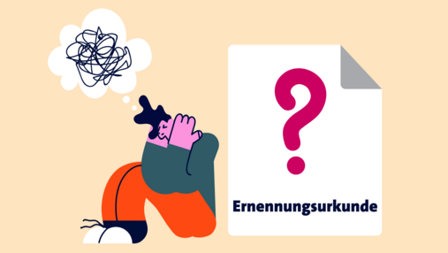 Foto zum Thema "Depression und Verbeamtung": Zu sehen ist eine Figur, die an einem Kasten lehnt, über ihr eine Gedankenwolke. Auf dem Kasten steht ein großes Fragezeichen und "Ernennungsurkunde".