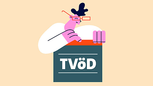 Grafik zum Thema "TVöD": Zu sehen ist eine Box mit der Aufschrift TVöD. Darüber lehnt eine Figur, die zufrieden schaut.