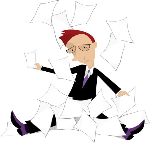 Bürokratieabbau - Interview mit Dr. Iris Rauskala Grafik zum Thema Bürokratieabbau: Zu sehen ist eine männliche Figur, die Anzug trägt, und in Papierbergen versinkt.